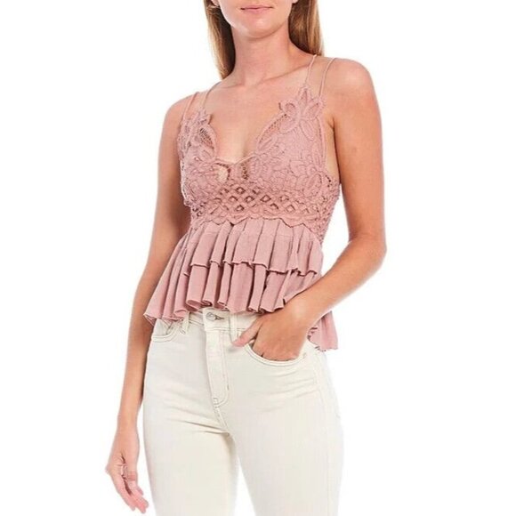 Free People Adella Crop Top Lace Cami Size Small Ruffle Tiered Smocked-Back NEW - Picture 3 of 8